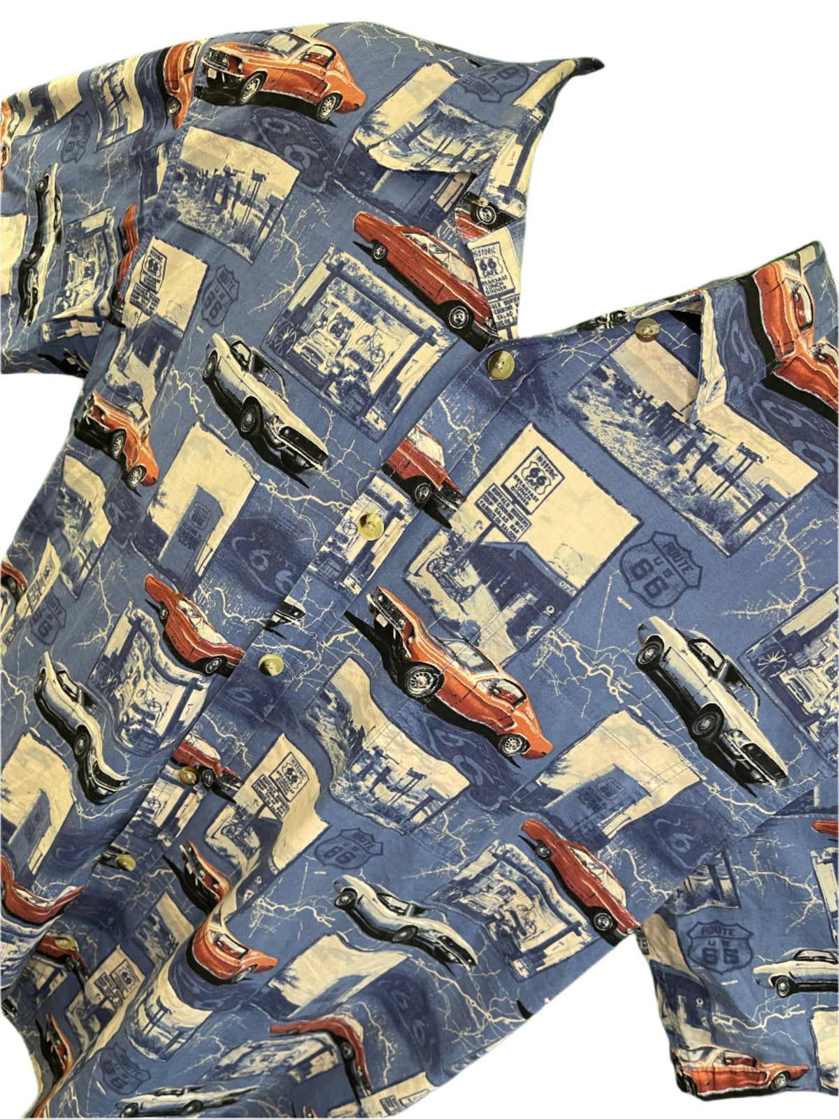 Route 66 American Muscle Cars Mustang Blue Button Up Shirt S/S Men's 2X-Large