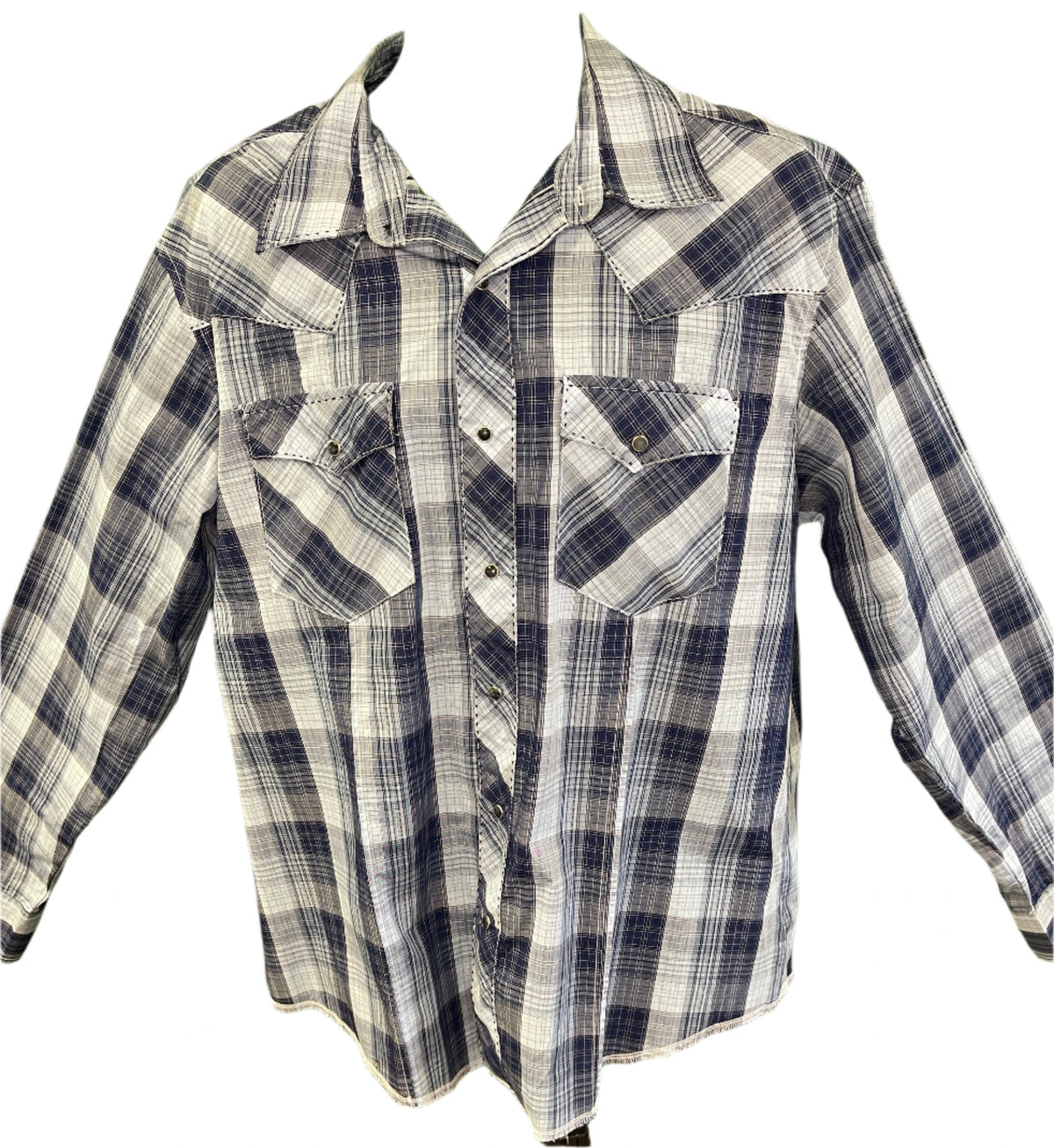 Wrangler Western Plaid L/S Blue Plaid Contrasting Stitching Shirt Men's X-Large