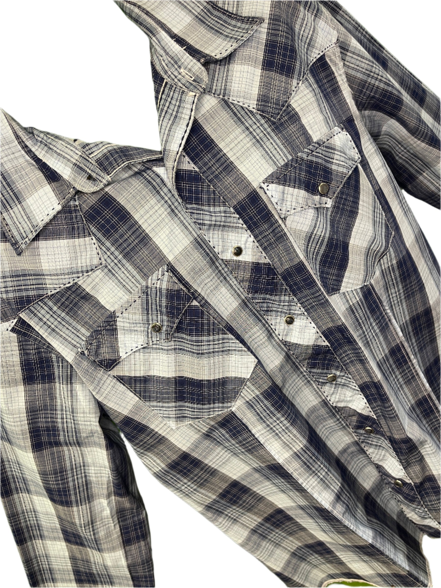 Wrangler Western Plaid L/S Blue Plaid Contrasting Stitching Shirt Men's X-Large