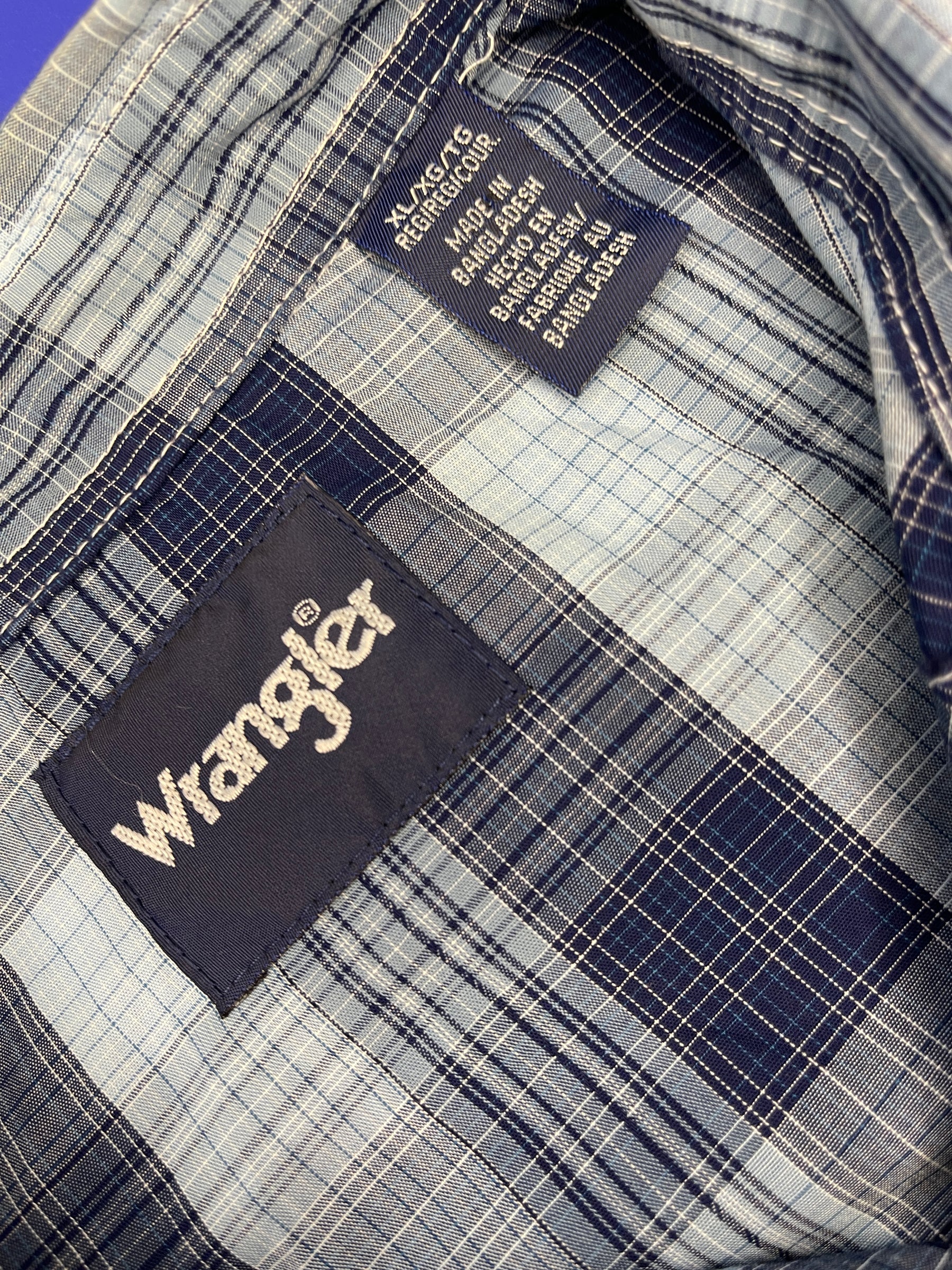 Wrangler Western Plaid L/S Blue Plaid Contrasting Stitching Shirt Men's X-Large