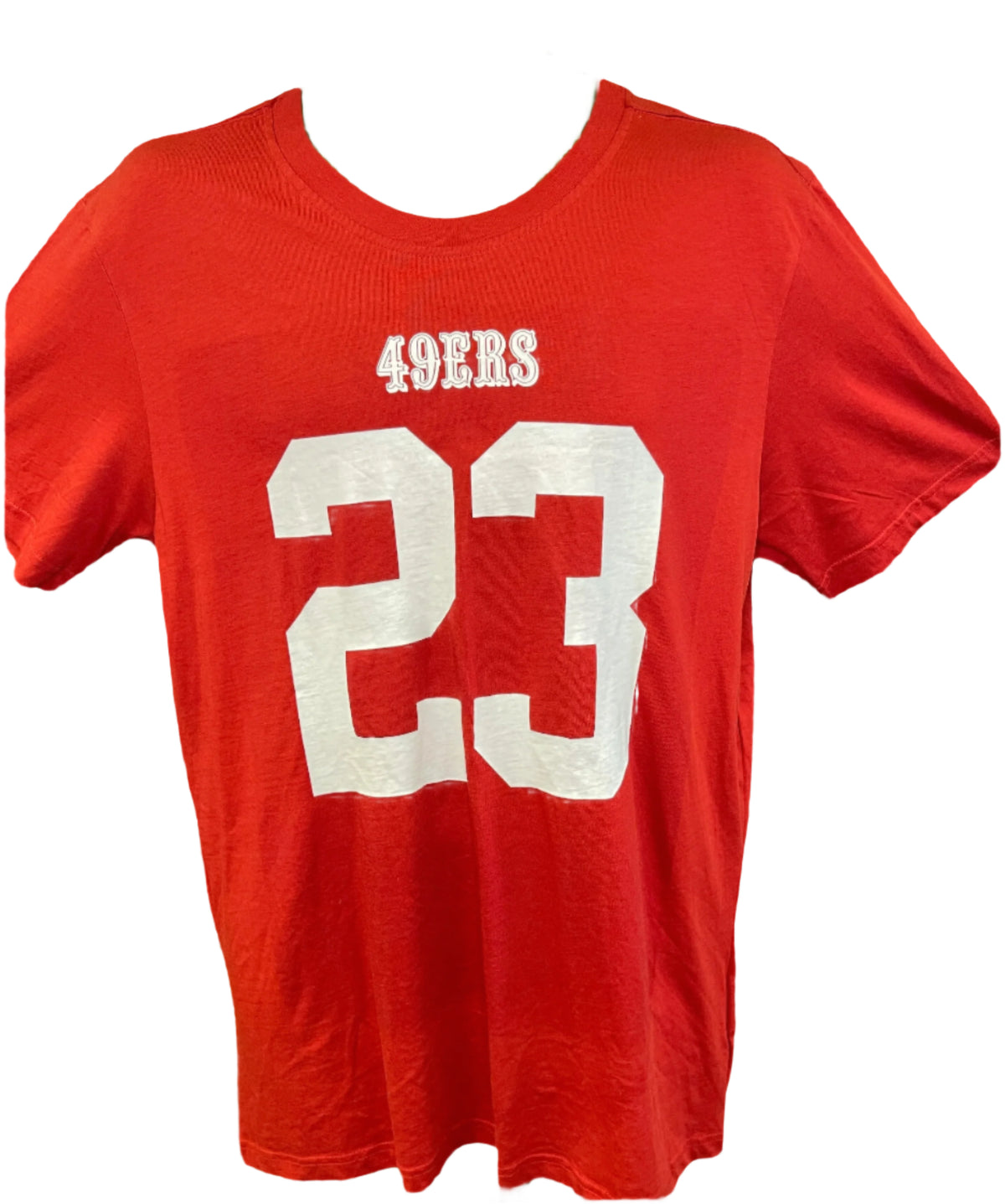 Red t-shirt with '49ers' and number '23' on a white background