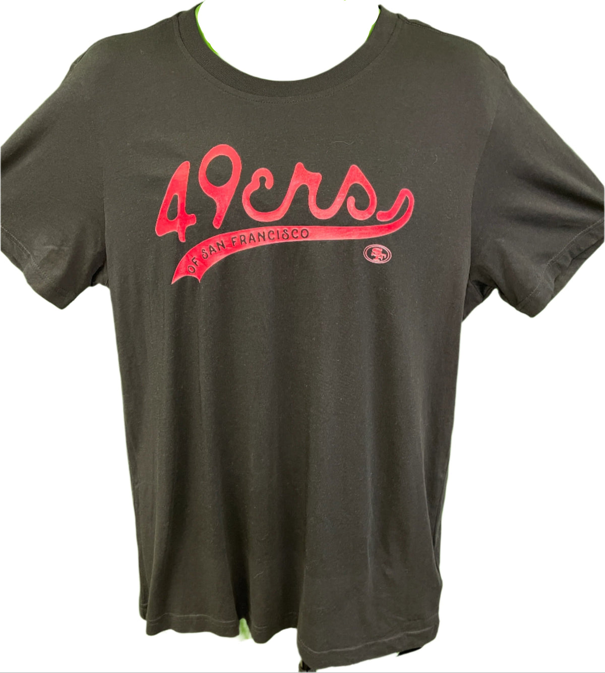 Black t-shirt with red '49ers' logo on a white background