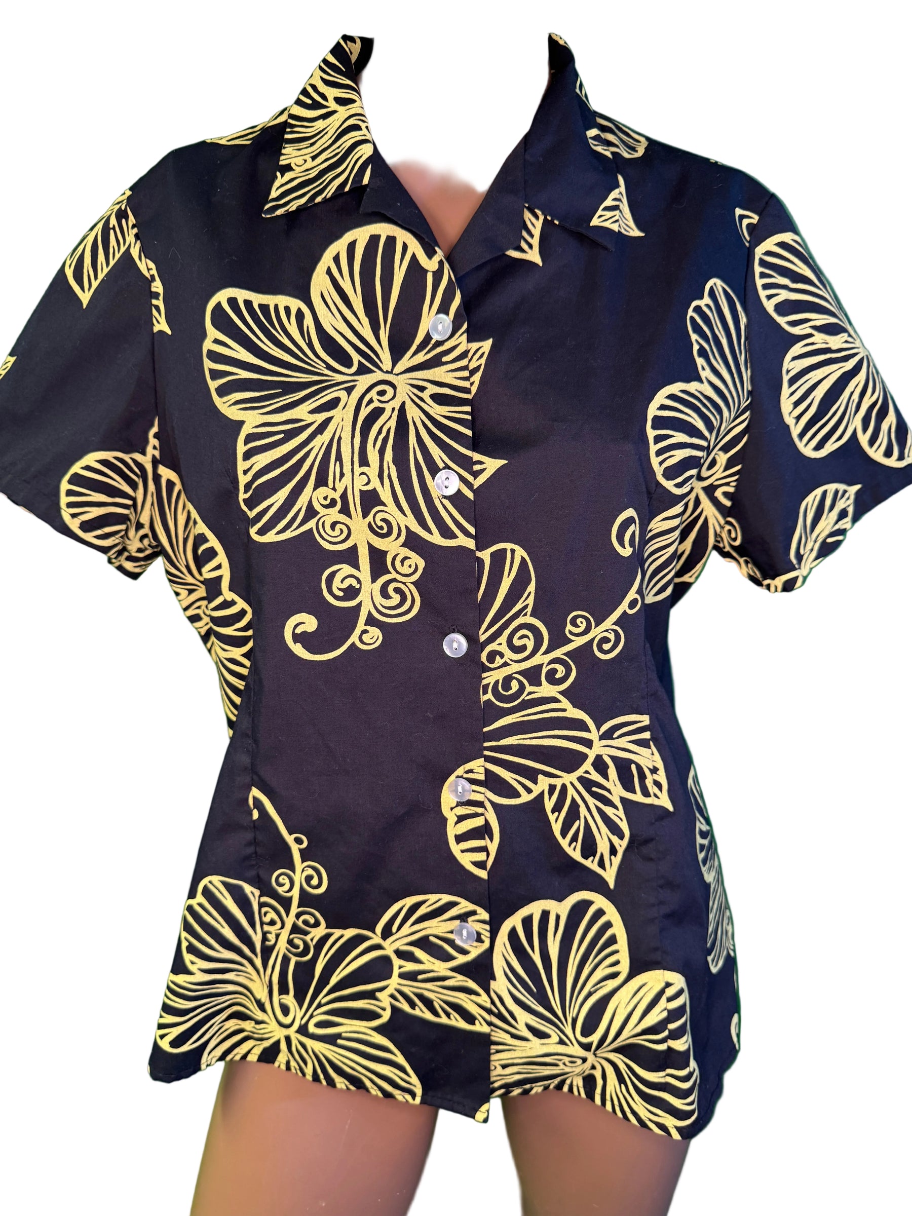 Hawaiian Black and Yellow Aloha Shirt Made in Hawaii Men's 1X-Large