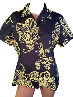 Hawaiian Black and Yellow Aloha Shirt Made in Hawaii Men's 1X-Large