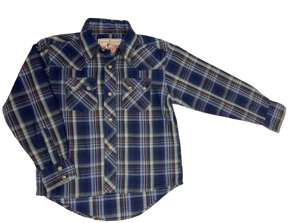 Wrangler Western Plaid L/S Shirt Green/Blue Plaid 100% Cotton Youth Small 5-6