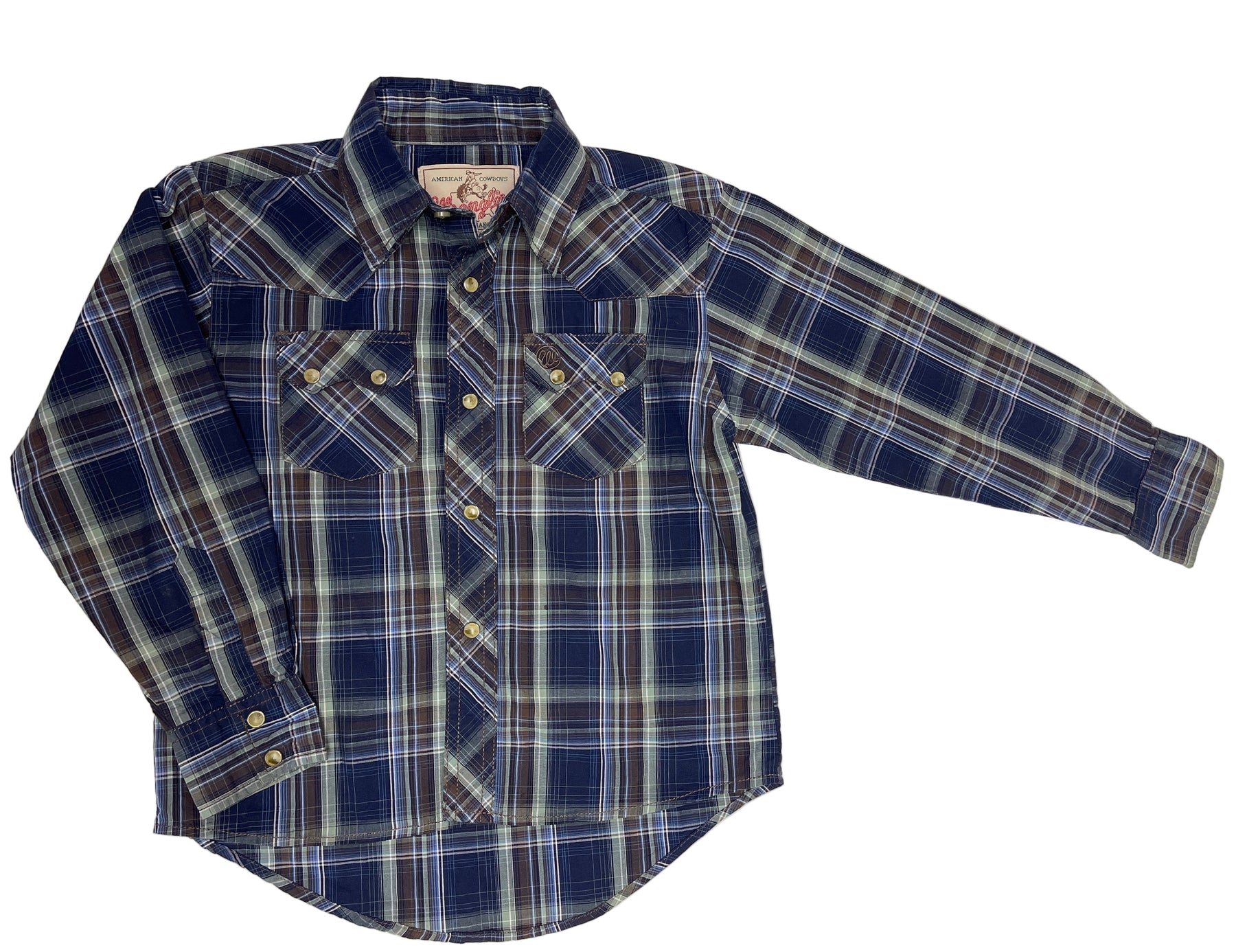 Wrangler Western Plaid L/S Shirt Green/Blue Plaid 100% Cotton Youth Small 5-6