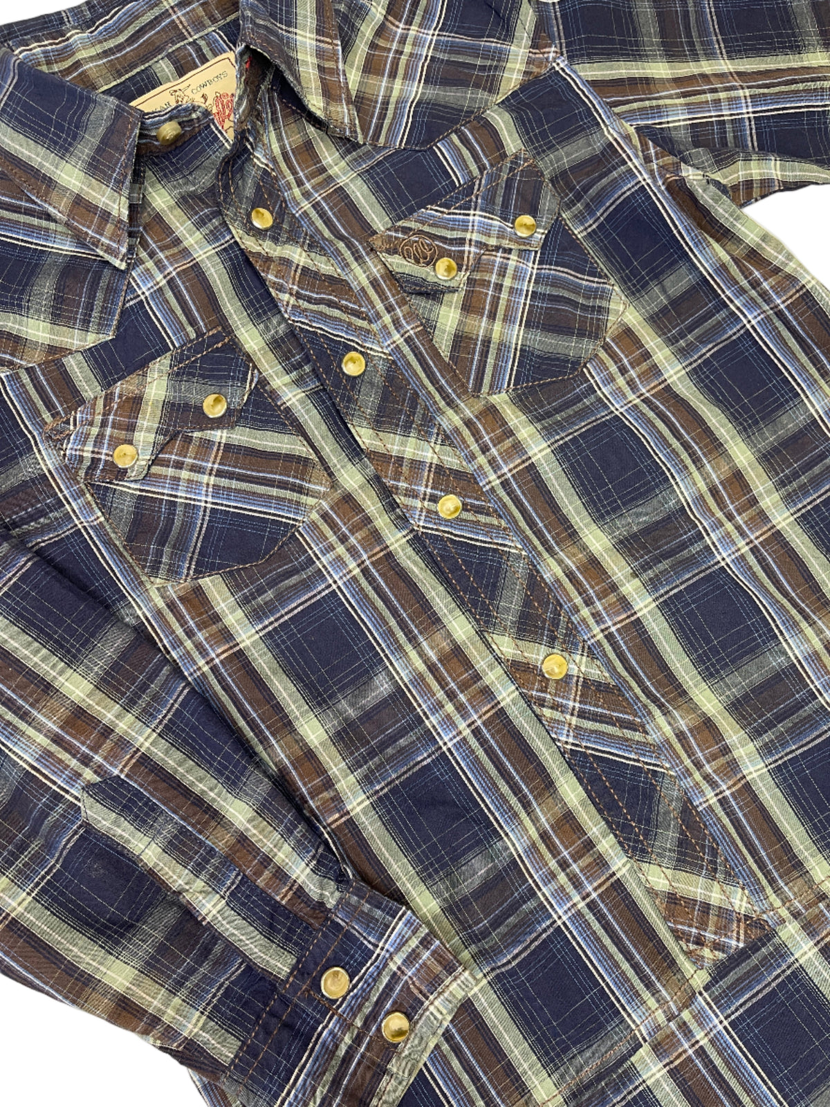 Wrangler Western Plaid L/S Shirt Green/Blue Plaid 100% Cotton Youth Small 5-6