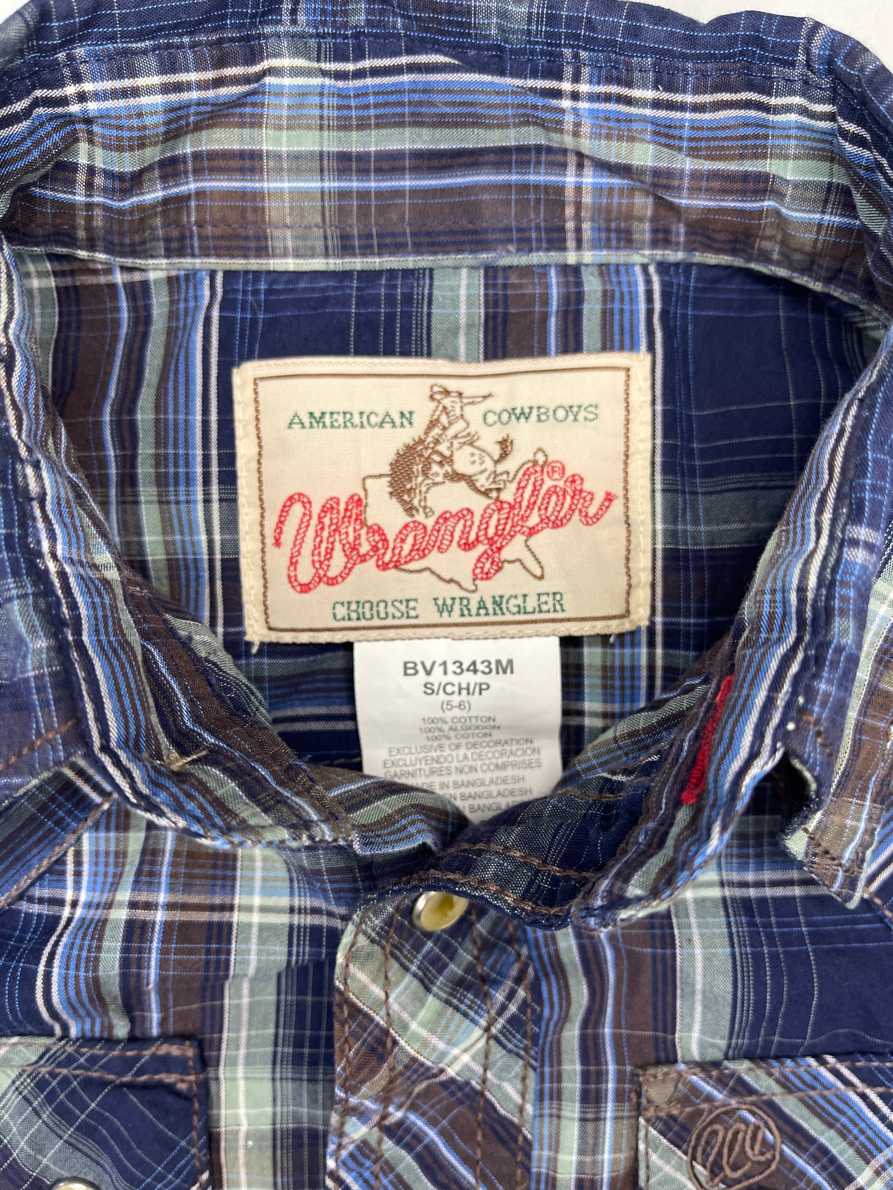 Wrangler Western Plaid L/S Shirt Green/Blue Plaid 100% Cotton Youth Small 5-6