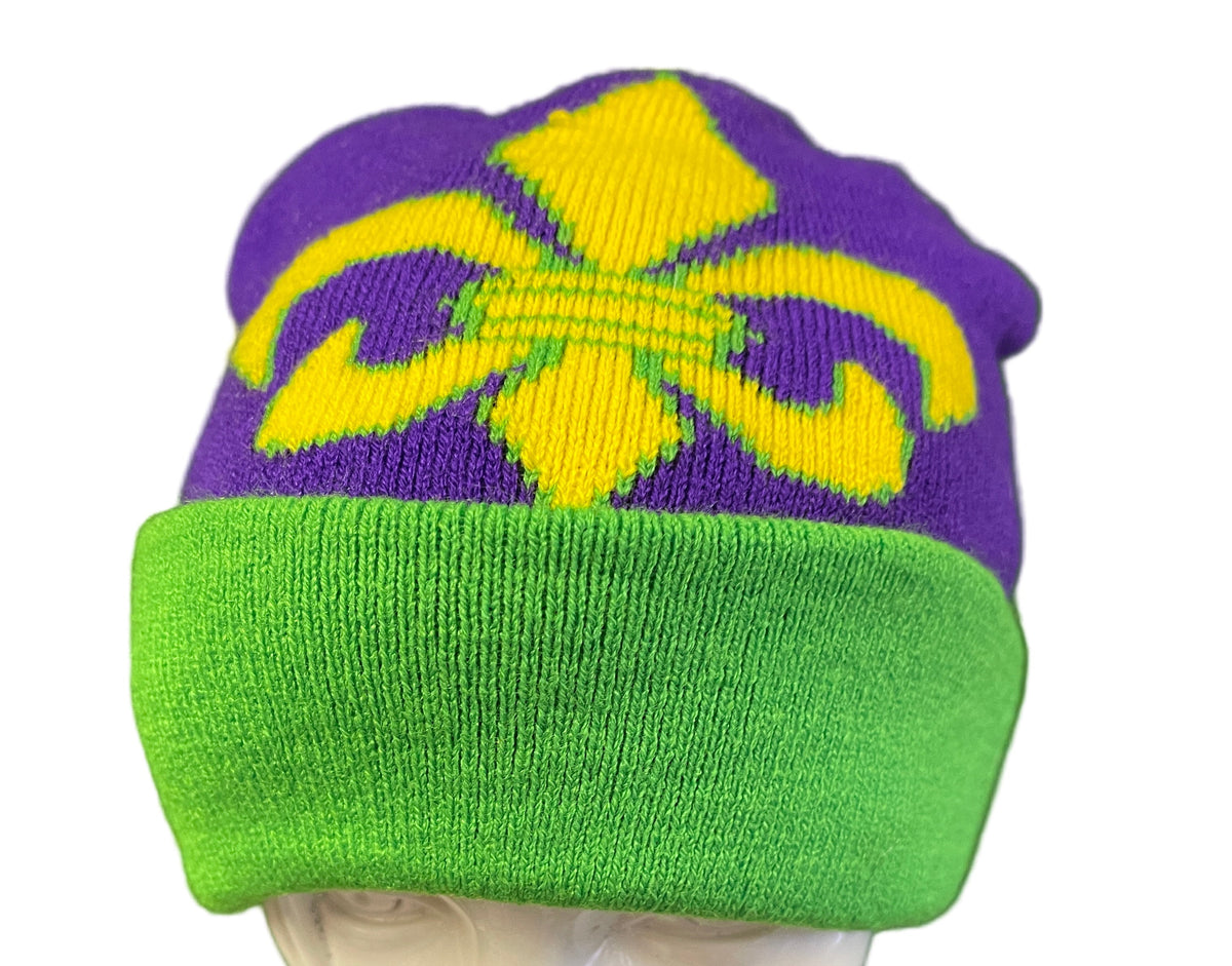 Mardi Gras Purple Gold & Green Woolly Beanie Hat