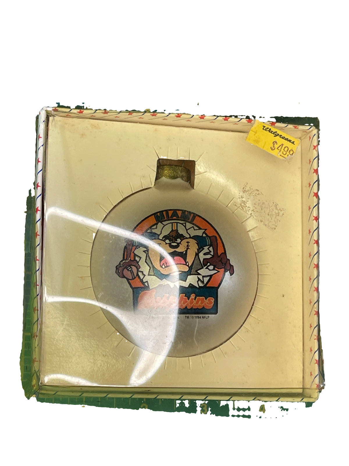 NFL Miami Dolphins Taz Vintage 90s Christmas Glass Ball Ornament Tree Decoration NWT