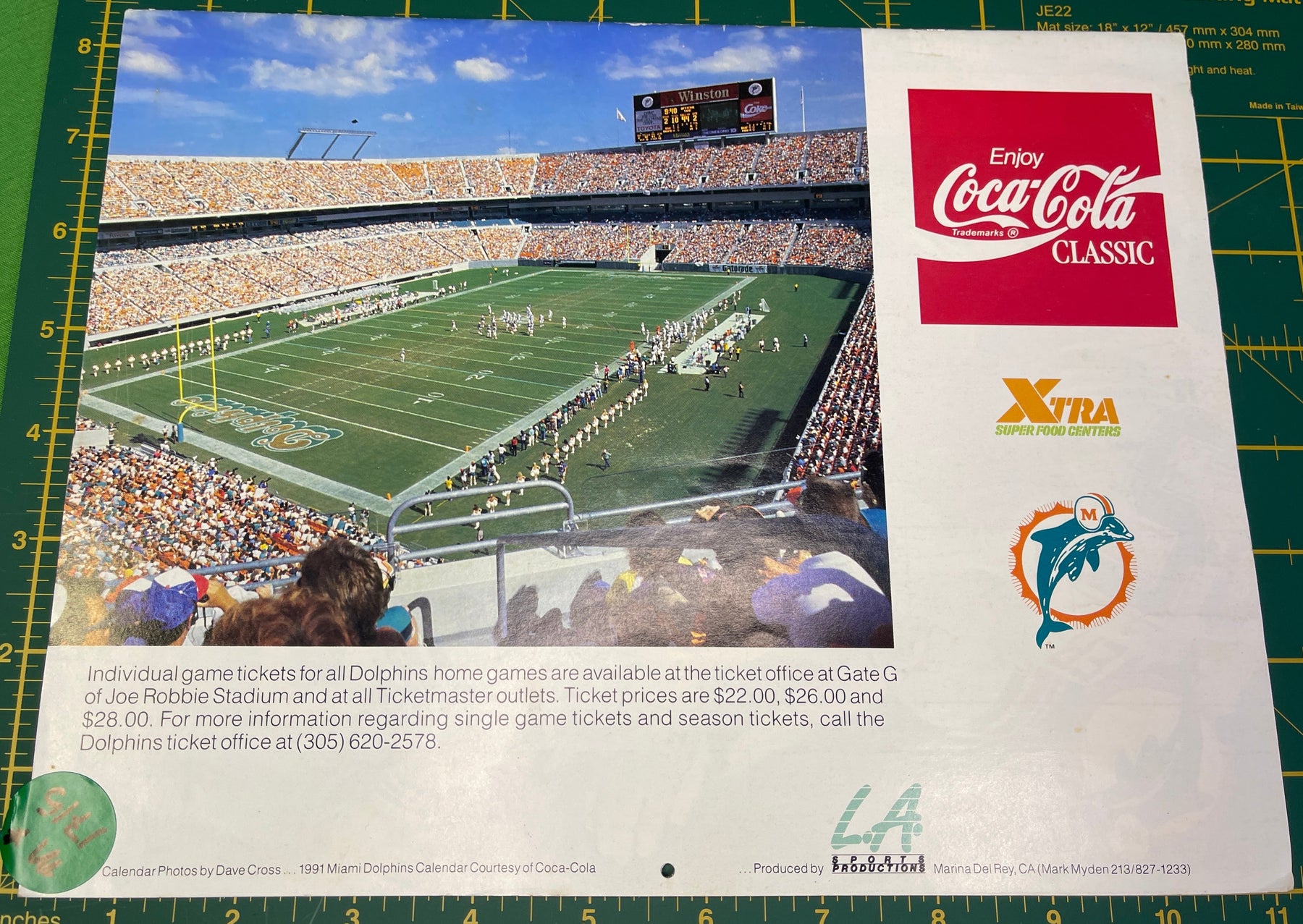 NFL Miami Dolphins 1991/92 Vintage Advertising Calendar Coke Coca Cola
