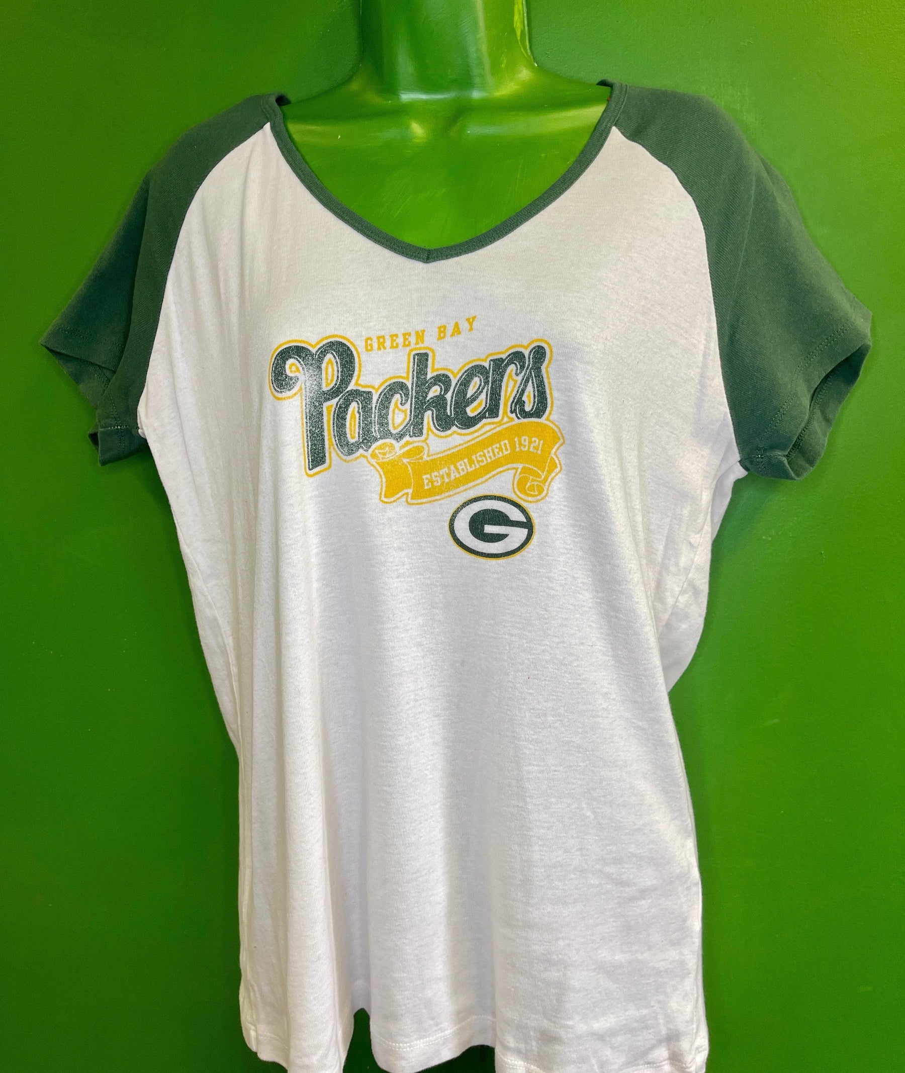 NFL Green Bay Packers White V-Neck T-Shirt Women's X-Large