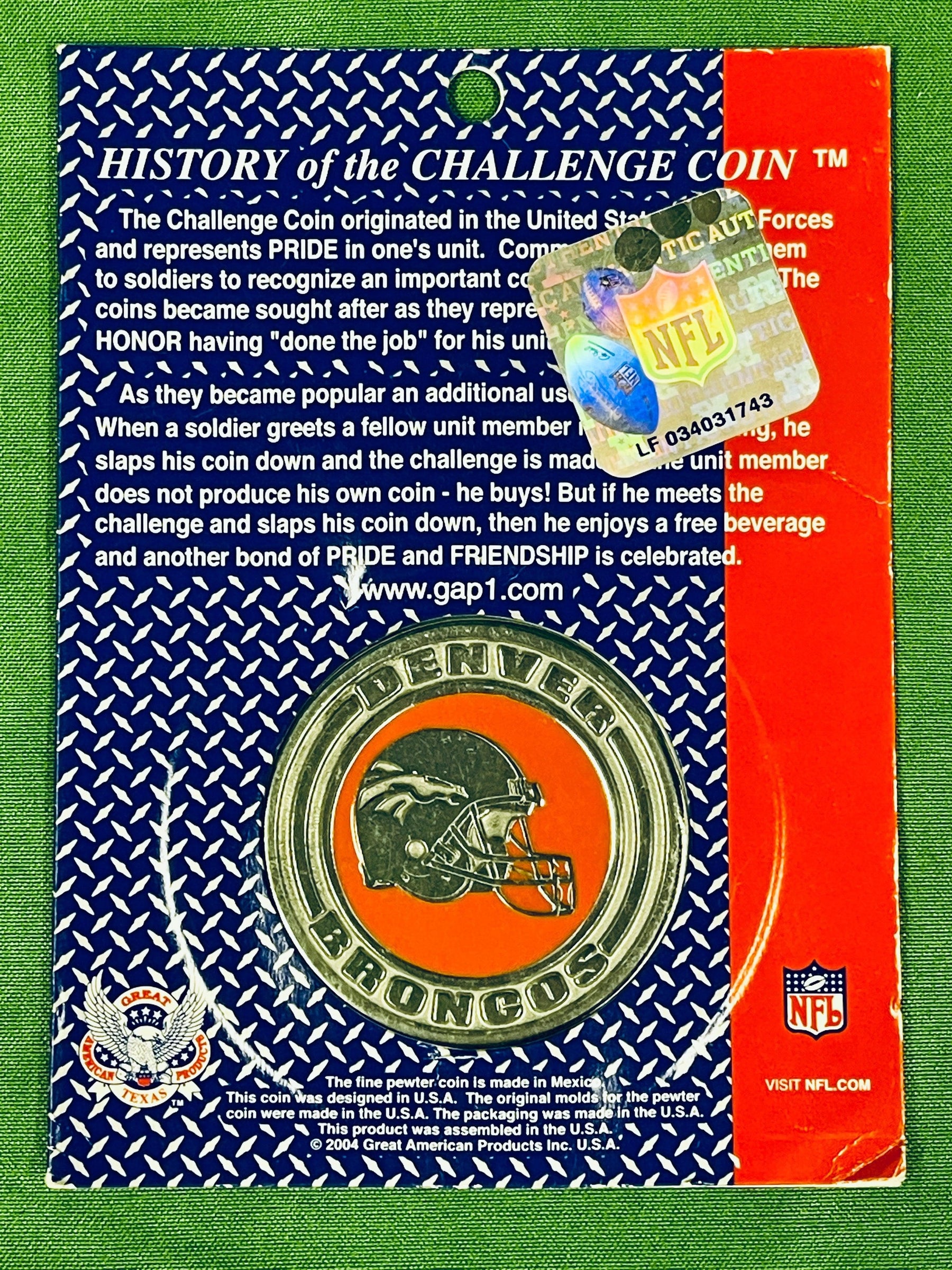 NFL Denver Broncos Challenge Coin Fan Currency NWT