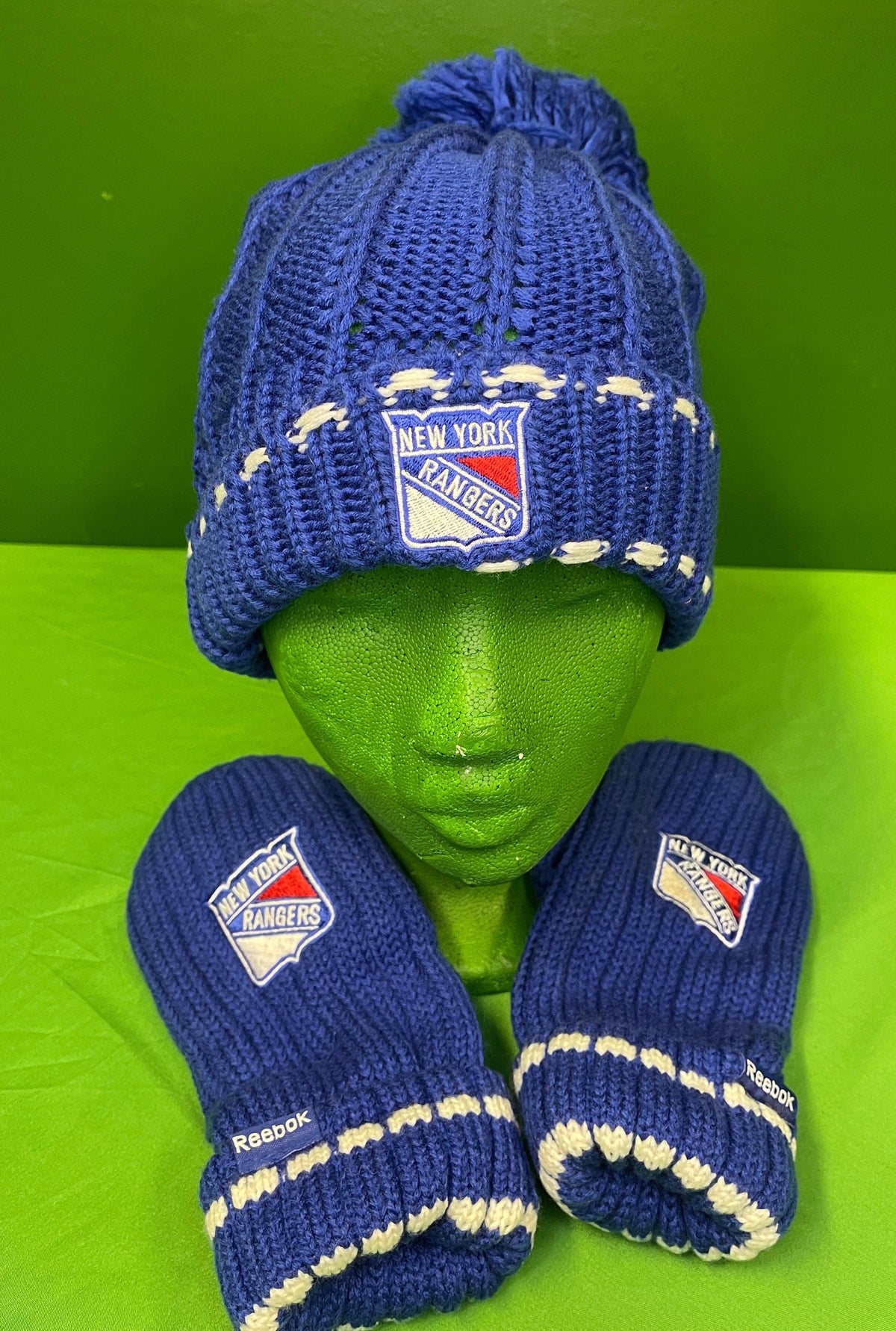 NHL New York Rangers Reebok Woolly Bobble Hat & Mittens Set OSFM