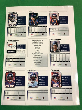 NFL Denver Broncos Uncut Sheet of 8 2001 Score Trading Cards